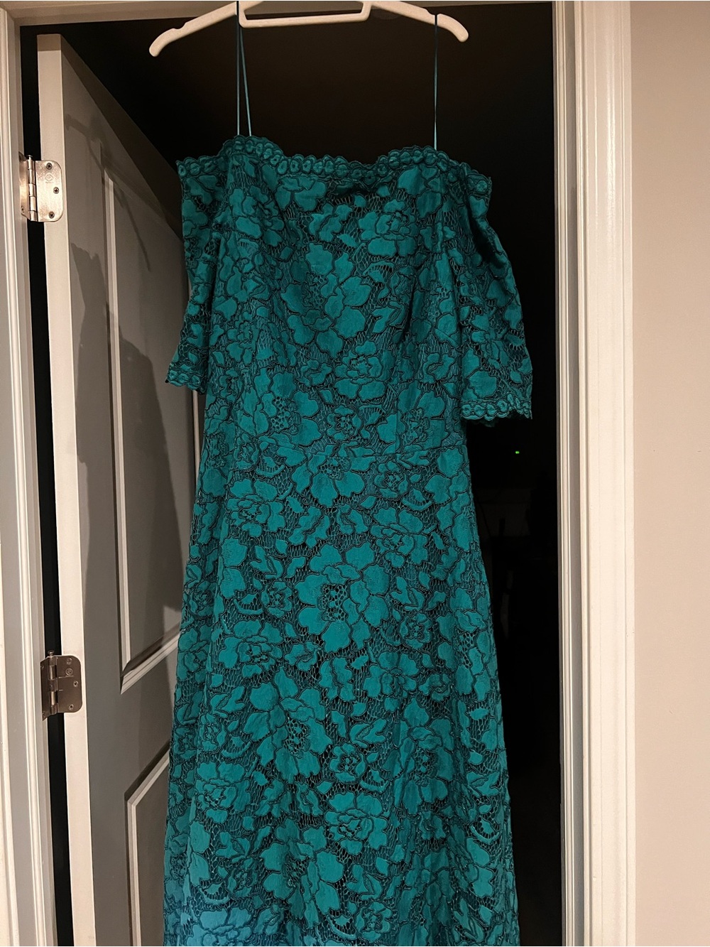 Teri Jon Teal Lace Off Shoulder Formal Gown